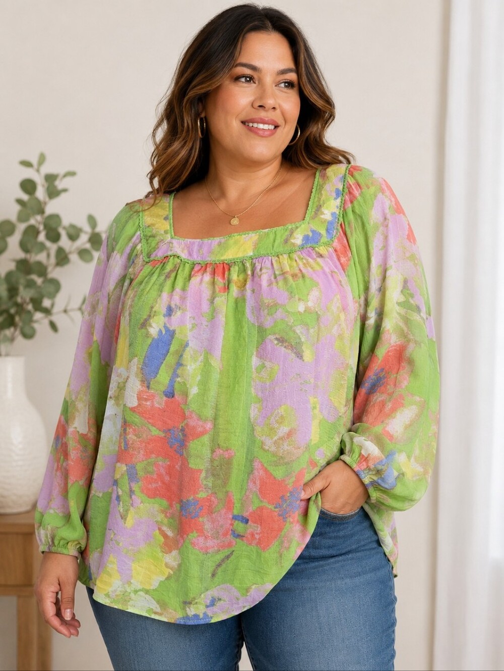 Hope & Harlow Women's Floral Peasant Blouse Size XLGreen Square Neck Long